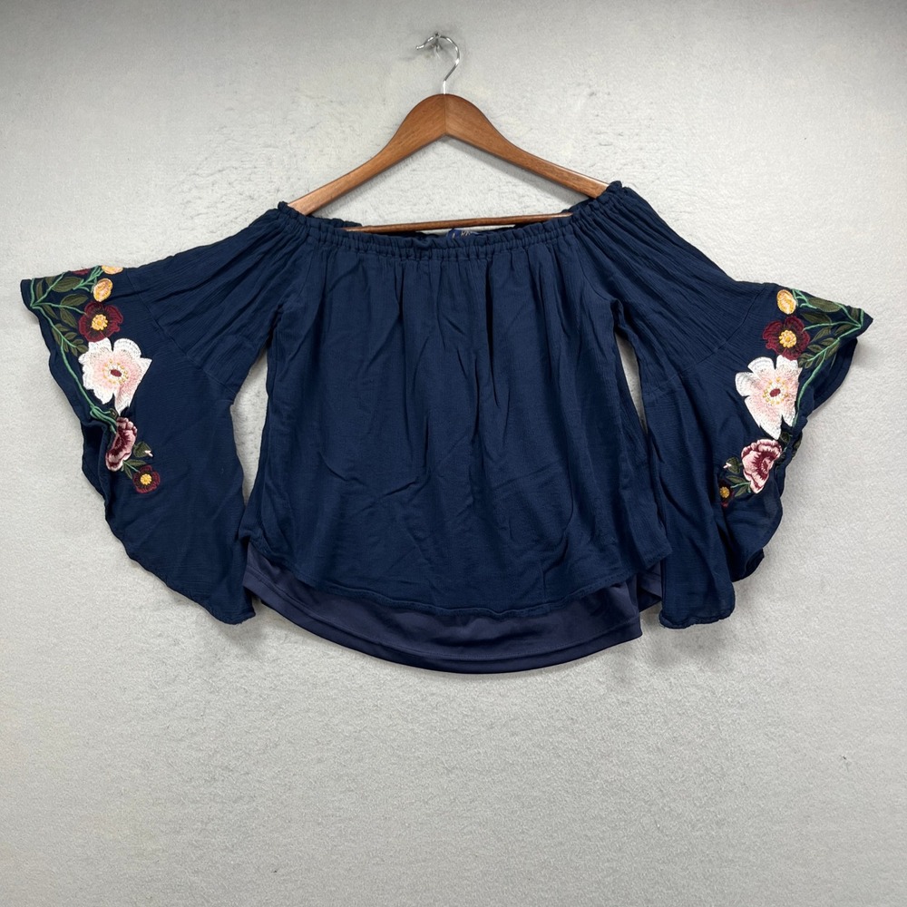 Blue Rain Off Shoulder Top Womens XS Navy Floral Embroidered Bell Sleeve Boho